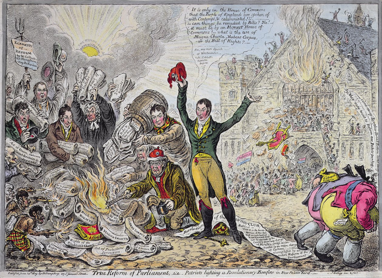 Prawdziwa Reforma Parlamentu, czyli Patrioci rozpalający rewolucyjne ognisko na New Palace Yard, wydana przez Hannah Humphrey w 1809 roku (akwaforta ręcznie kolorowana) autorstwa James Gillray