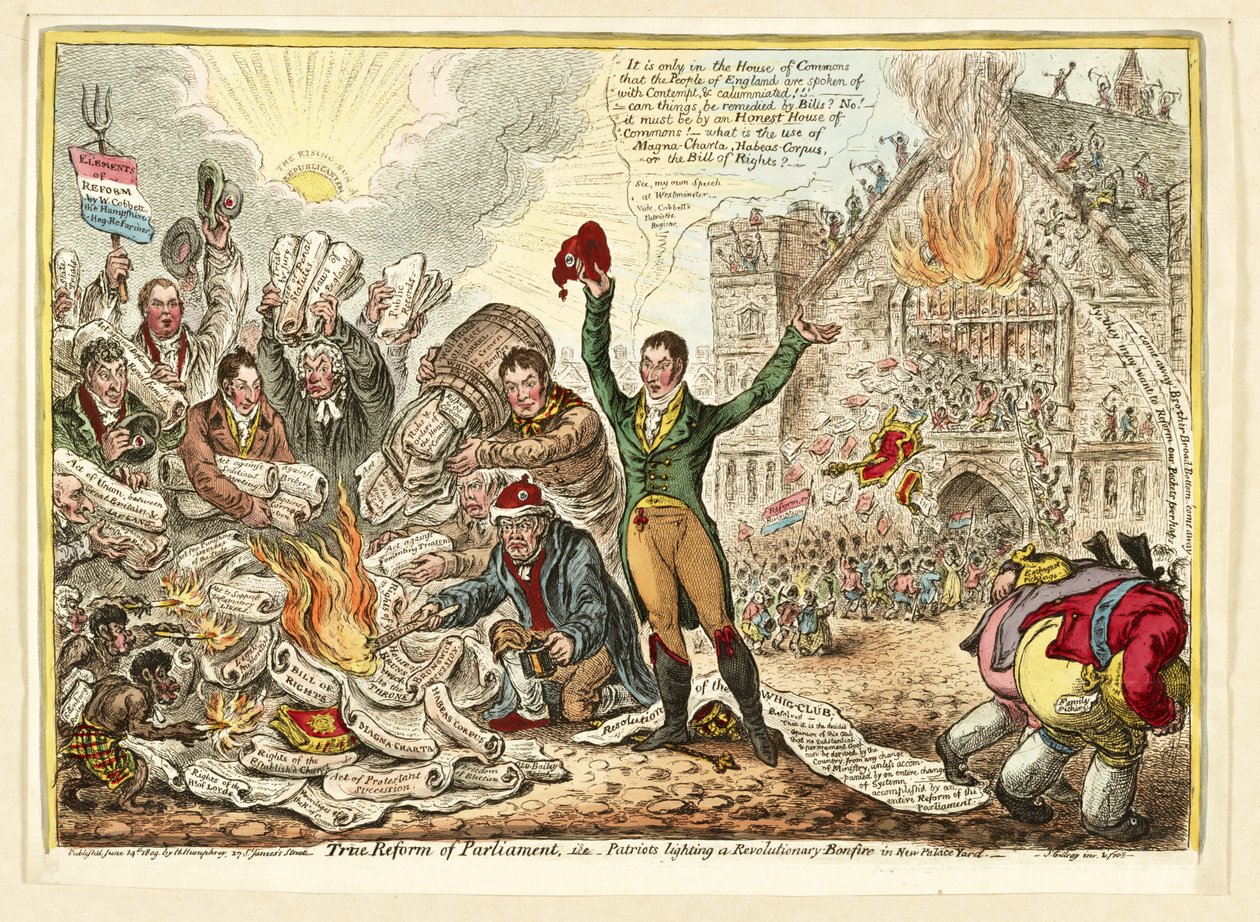 Prawdziwa Reforma Parlamentu, czyli Patrioci rozpalający rewolucyjne ognisko w New Palace Yard, pub. Hannah Humphrey, 1809 (rycina ręcznie kolorowana) autorstwa James Gillray
