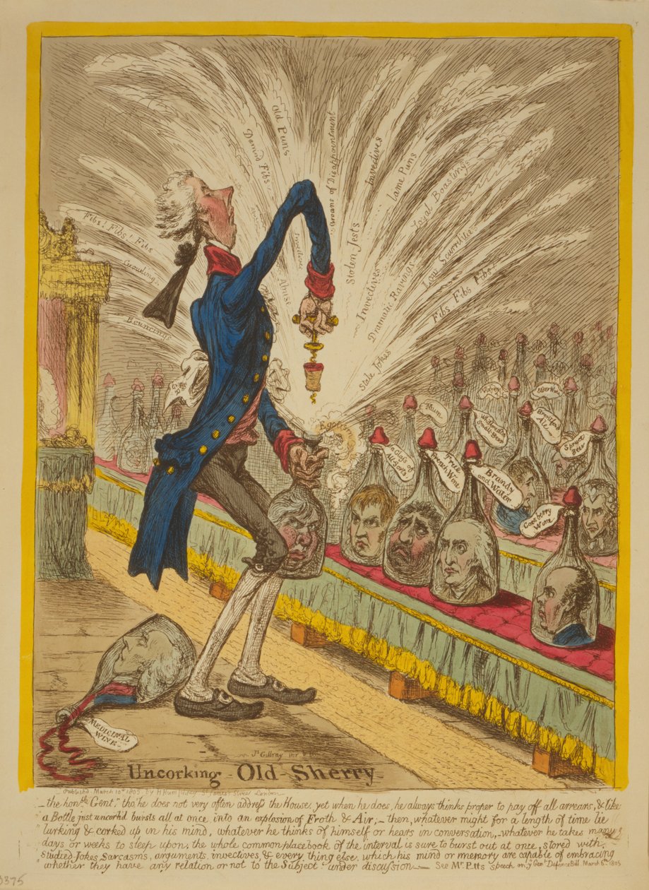 Odkorkowanie Old Sherry, 1805 (akwaforta ręcznie kolorowana) autorstwa James Gillray