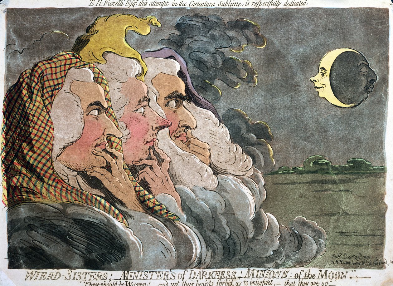 Dziwne siostry; Ministrowie Ciemności; Minions of the Moon, wyd. Hannah Humphrey, 1791 (akwaforta z akwatintą) autorstwa James Gillray