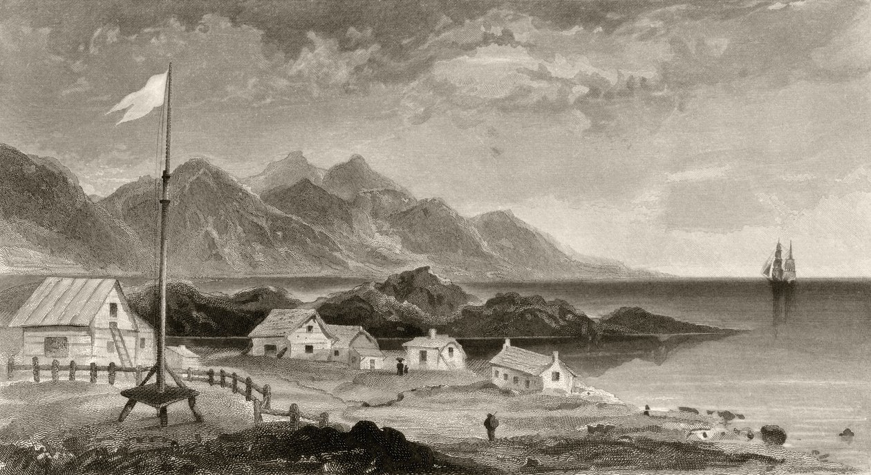 Fiskenaes z Domu Gubernatora, rytowany przez A.W. Graham, z „Arctic Explorations in the Years 1853, 54, 55”, tom I, autorstwa doktora Elisha Kent Kane (1820-57), opublikowanej w Filadelfii, 1856 autorstwa James Hamilton