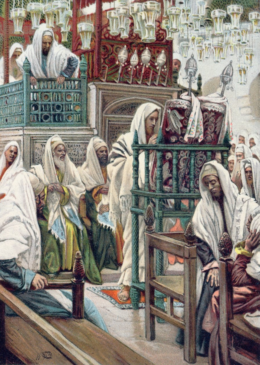 Jezus rozwija księgę w synagodze, ilustracja do książki "La Vie de notre Seigneur Jesus-Christ", wydanej w Tours w 1896 r. autorstwa James Jacques Joseph Tissot