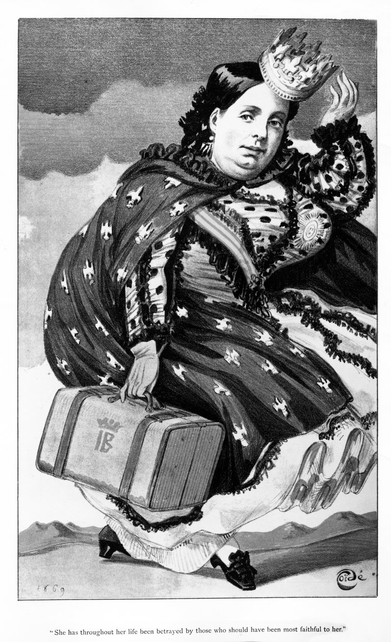 Królowa Hiszpanii Izabela II, rysunek opublikowany w magazynie „Vanity Fair”, 18 września 1869 r. autorstwa James Jacques Joseph Tissot