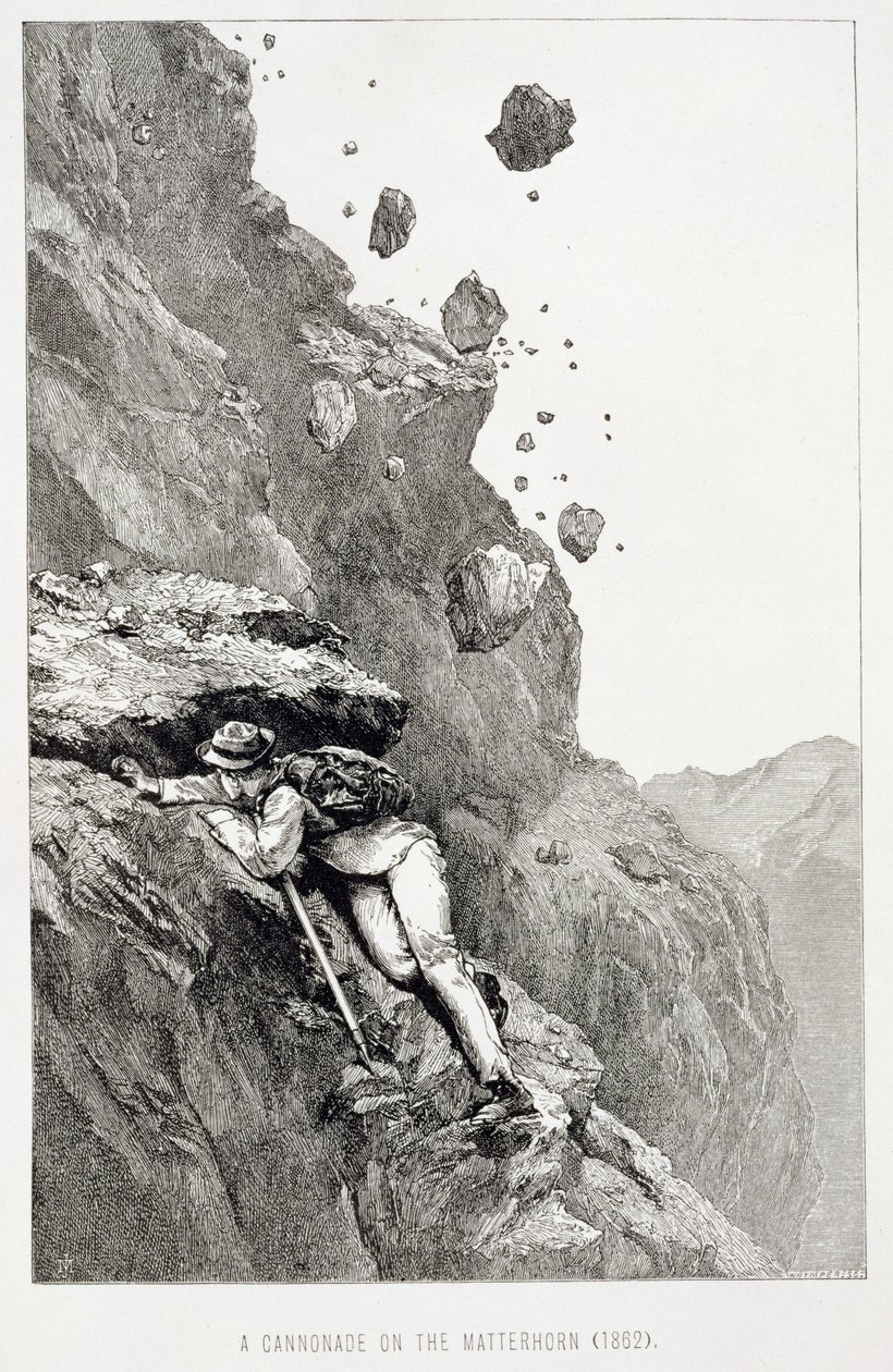 Kanonada na Matterhorn, 1862, z „Wznoszenia się na Matterhorn” rytowanego przez Edwarda Whympera (1840-1911), opublikowana w latach 60.-80. autorstwa James Mahoney