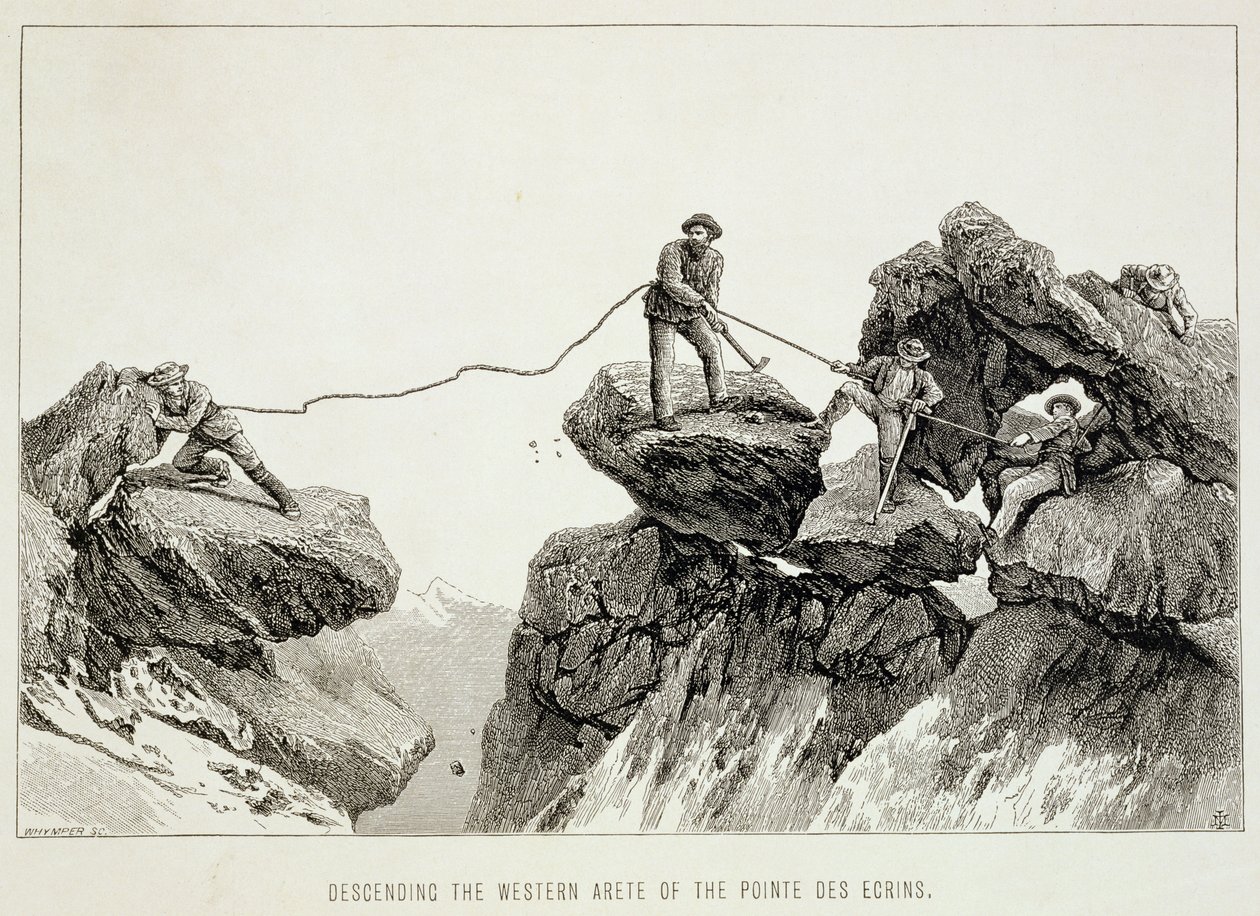Zejście z zachodniej grani na Pointe des Ecrins, z rysunku "The Ascent of the Matterhorn" autorstwa Edwarda Whympera (1840-1911), opublikowanego w latach 60-tych-80-tych XX wieku autorstwa James Mahoney
