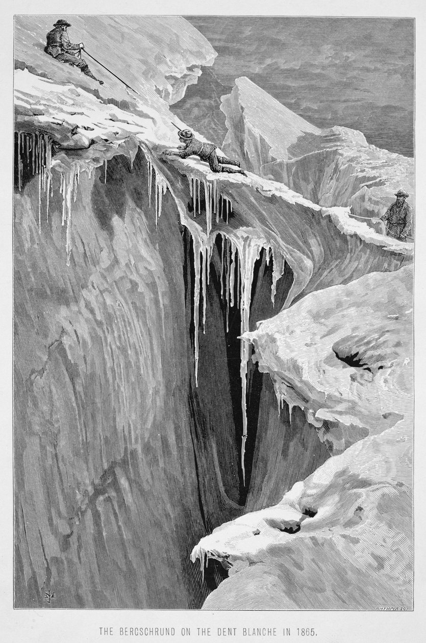 Bergschrund na Dent Blanche w 1865 r., z „Podjazdu na Matterhorn” rytowanego przez Edwarda Whympera (1840-1911), opublikowane w latach 60.-80. autorstwa James Mahoney