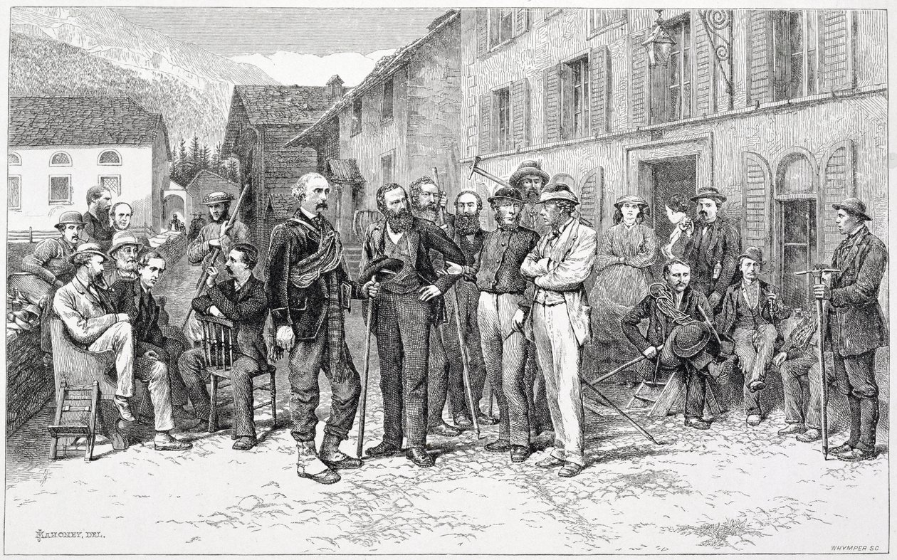 Sala klubowa w Zermatt w 1864 r., z "Wejścia na Matterhorn" autorstwa Edwarda Whympera (1840-1911), opublikowana w latach 60-80-tych XX w. autorstwa James Mahoney