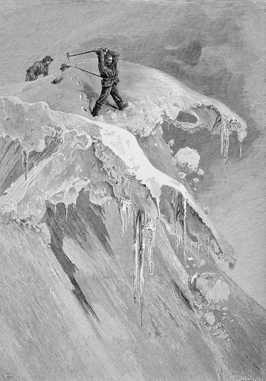 Szczyt przełęczy Moming w 1864 r., z „Wznoszenia się na Matterhorn” rytowany przez Edwarda Whympera (1840-1911), opublikowany w latach 60.-80. autorstwa James Mahoney