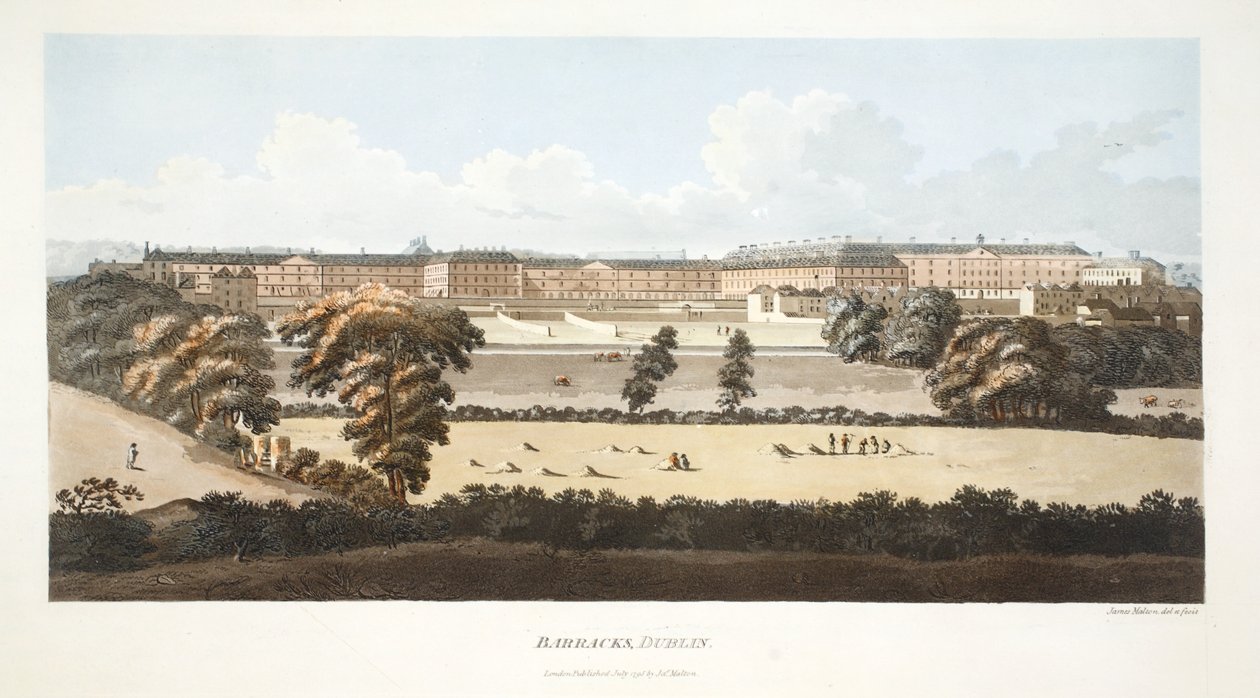 Barracks, Dublin (ręcznie barwiony grawerunek) autorstwa James Malton