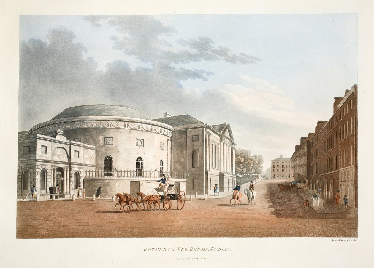 Rotunda und New Rooms, Dublin, 1795 (ręcznie barwiony grawerunek) autorstwa James Malton