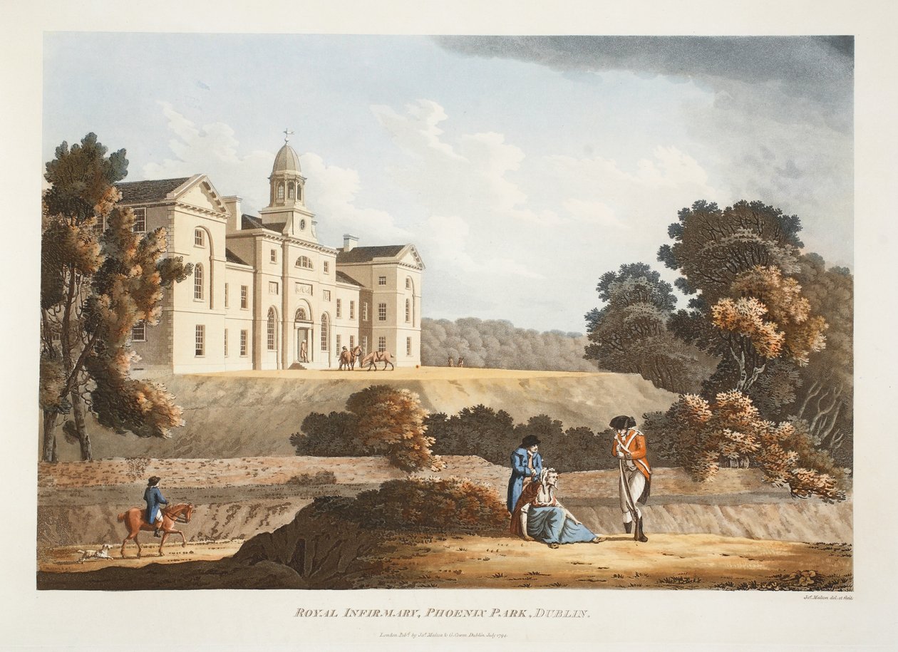 Royal Infirmary, Phoenix Park, Dublin, 1794 (ręcznie barwiony grawerunek) autorstwa James Malton