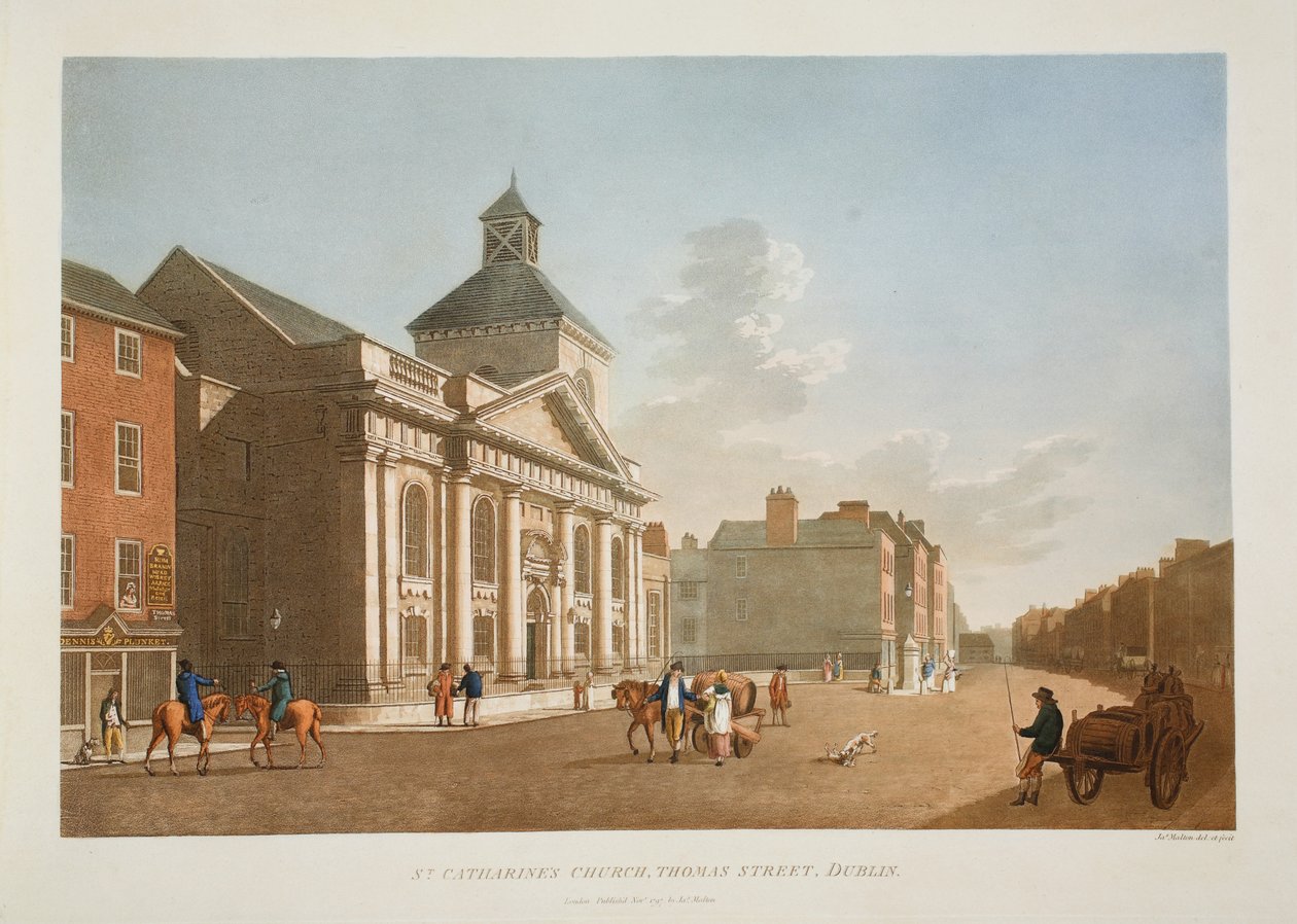 Kościół św. Katarzyny, Thomas Street, Dublin, 1797 (ręcznie barwiony grawerunek) autorstwa James Malton