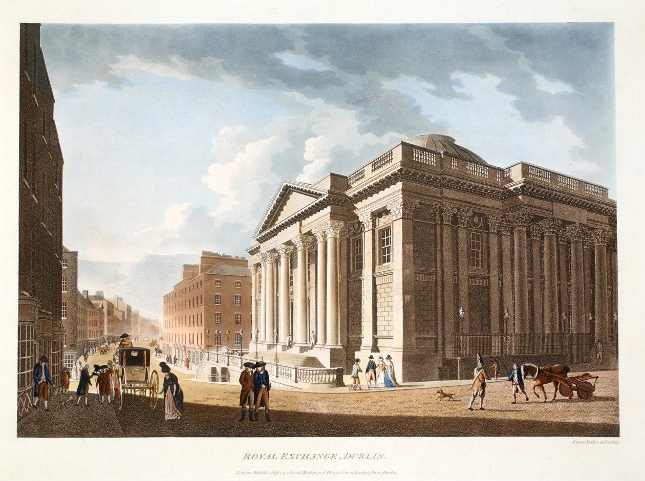 The Royal Exchange, Dublin, 1792 (ręcznie barwiony grawerunek) autorstwa James Malton