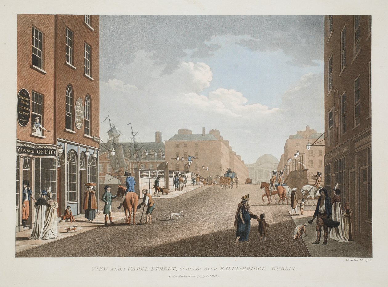 Widok z Capel-Street, patrząc na Essex-Bridge, Dublin, 1797 (ręcznie kolorowany grawerunek) autorstwa James Malton
