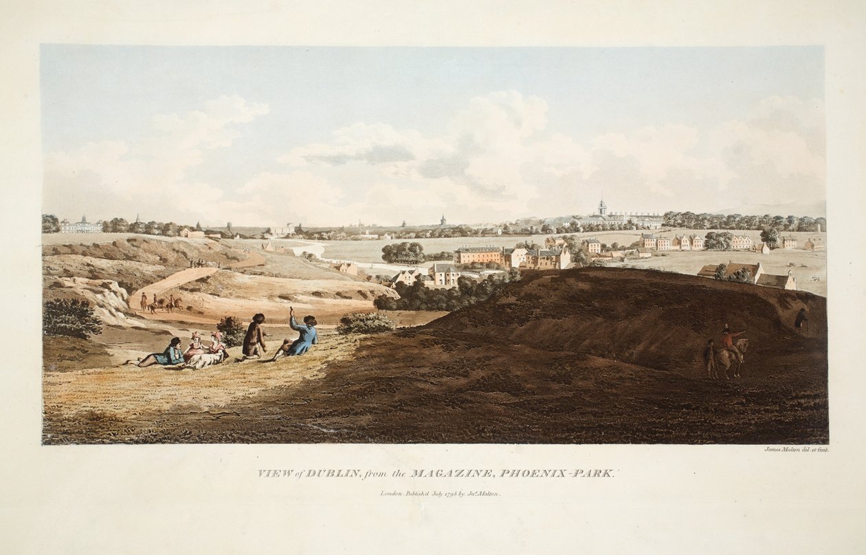 Widok Dublina z magazynu, Phoenix Park, 1795 (ręcznie barwiony grawerunek) autorstwa James Malton