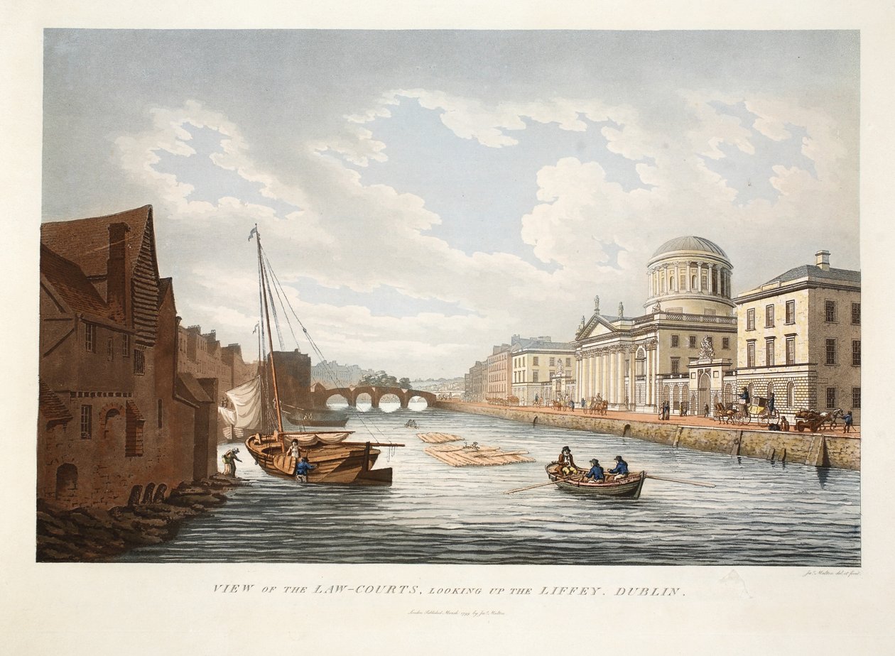 Widok na sądy, patrząc w górę Liffey, Dublin, 1799 (ręcznie barwiony grawerunek) autorstwa James Malton
