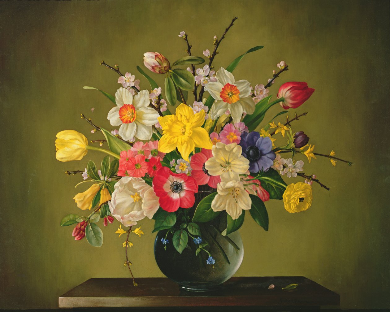 Narcyzy, anemony, tulipany, forsycje, rododendron i kwiat jabłoni w szklanym wazonie autorstwa James Noble