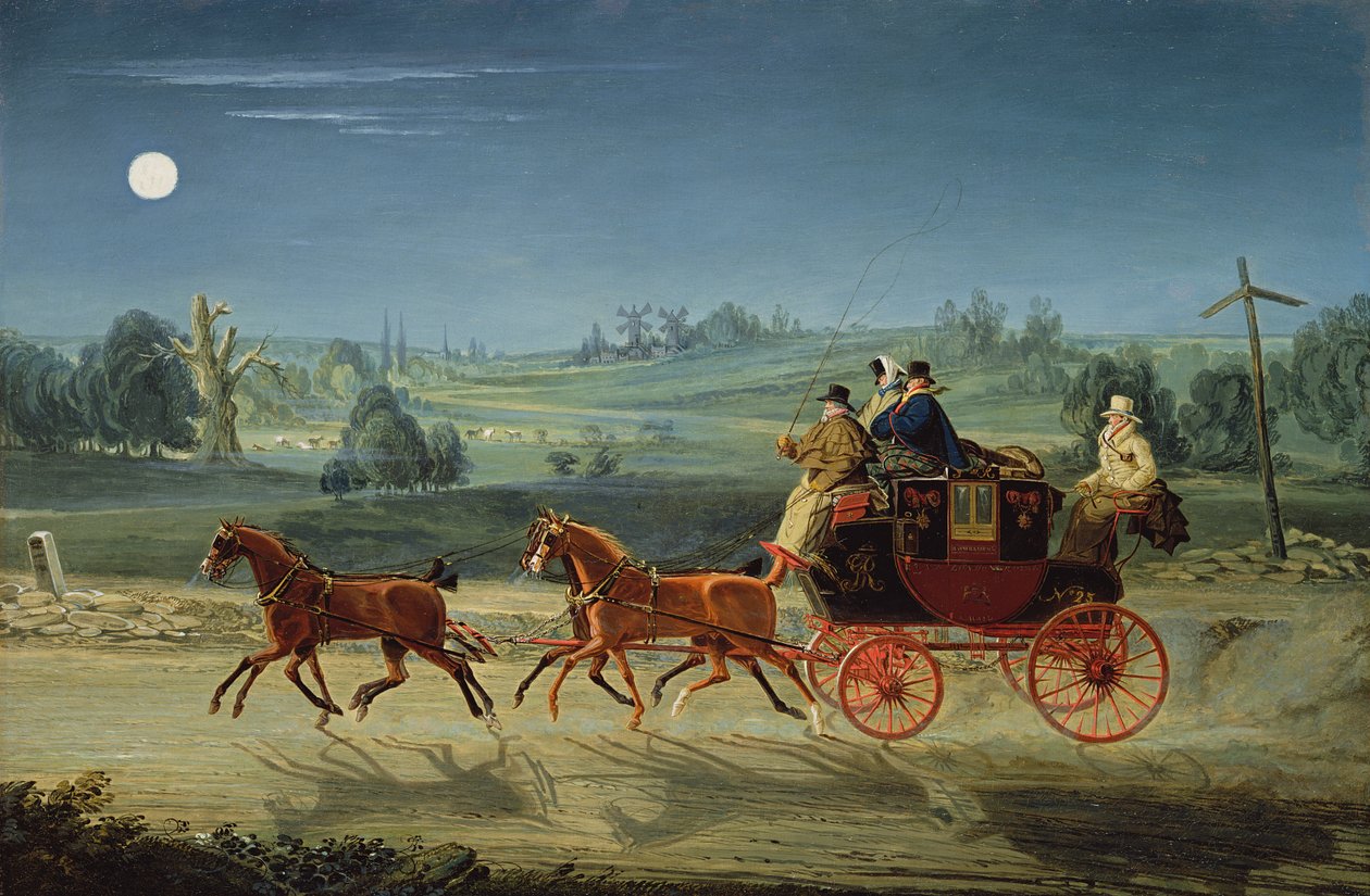 The Bath, Bristol i London Royal Mail Coach w nocy autorstwa James Pollard