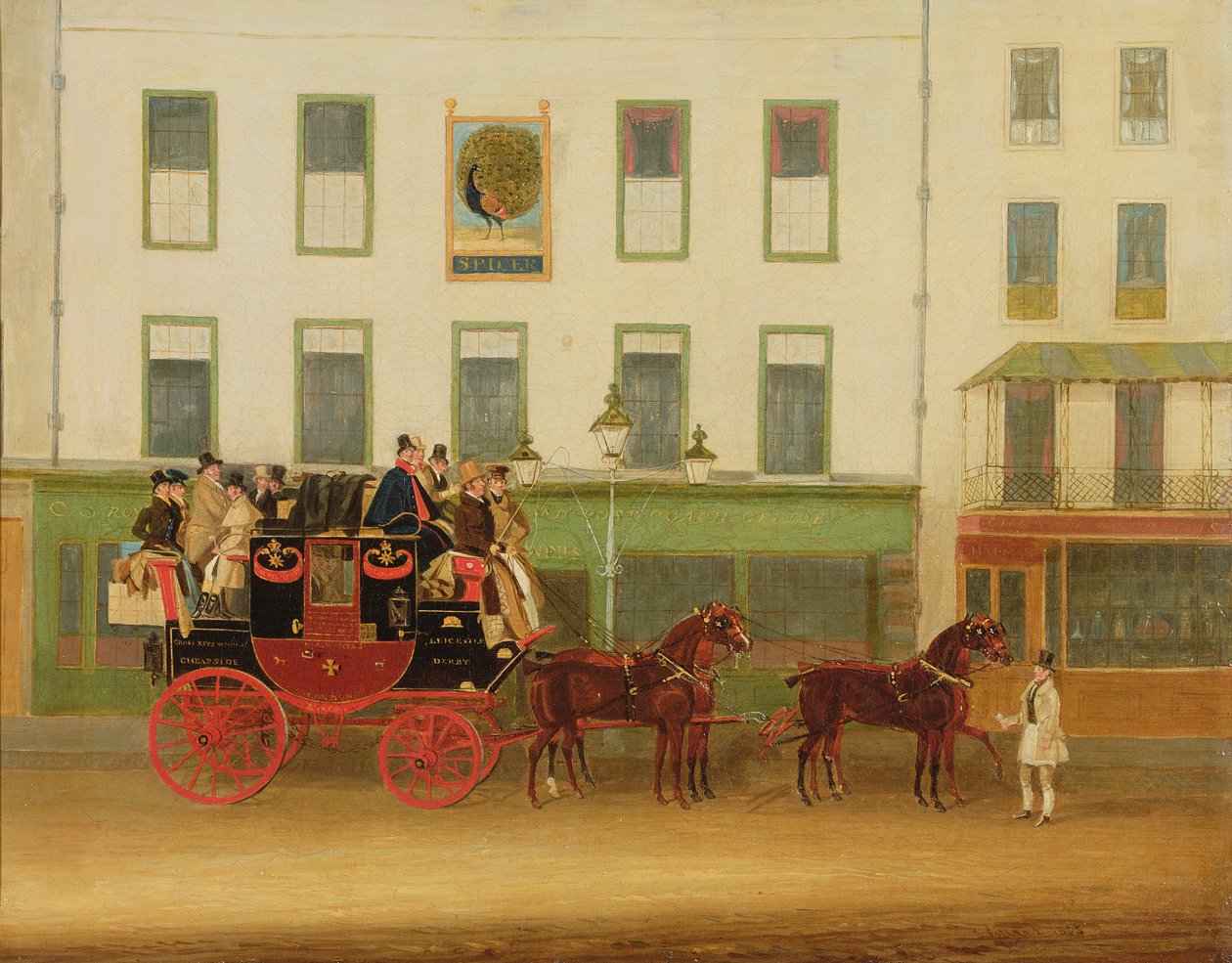 London-Manchester Stage Coach („Peveril of the Peak”) przed Peacock Inn, Islington autorstwa James Pollard