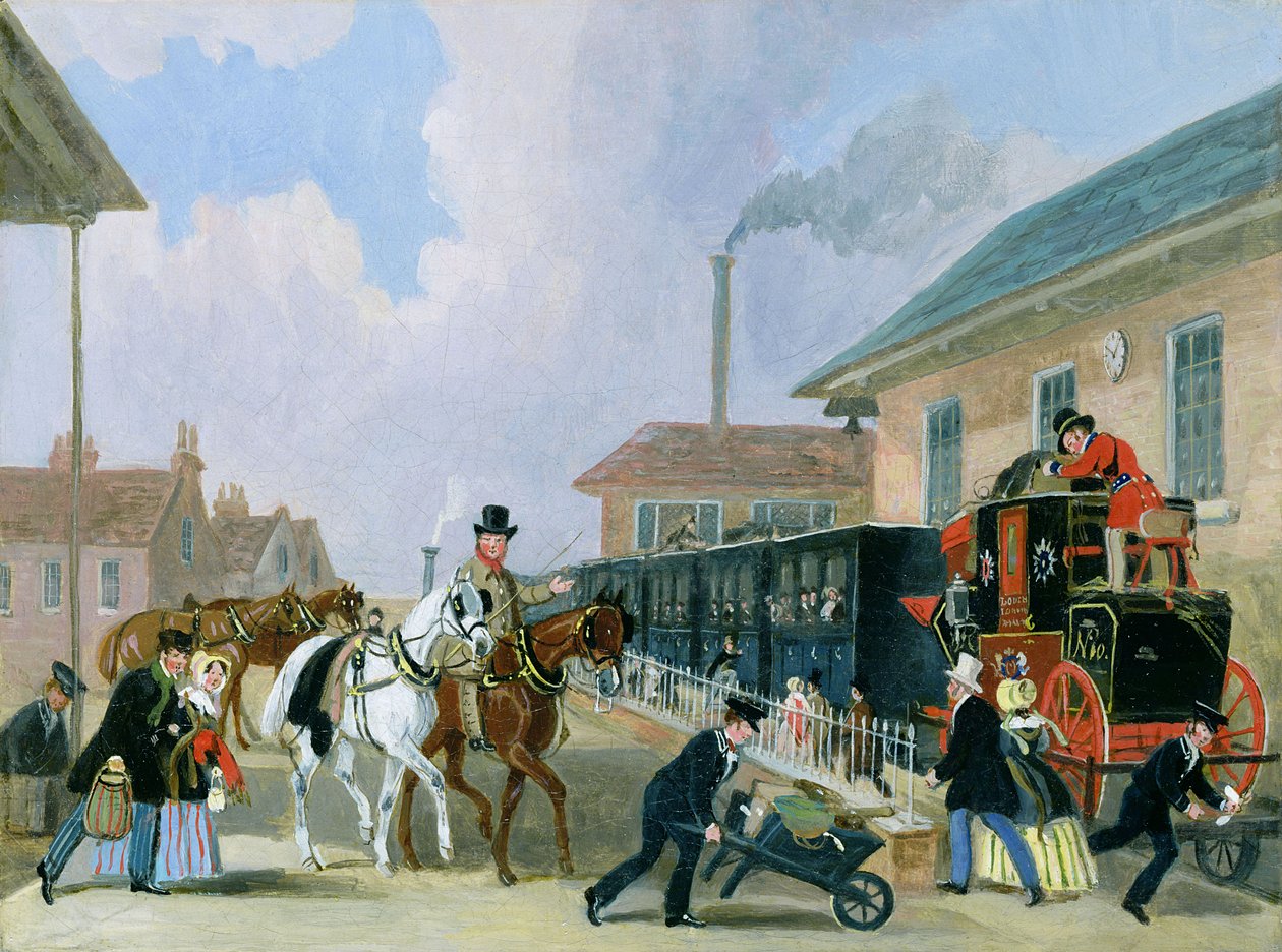 Poczta królewska Louth-London podróżująca pociągiem z Peterborough East w grudniu 1845 r. (po konserwacji) autorstwa James Pollard