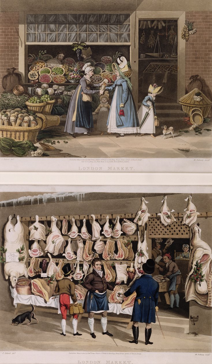Stoisko z mięsem i stoisko z owocami na londyńskim rynku, rycina M. Dubourg, 1822 r. autorstwa James Pollard