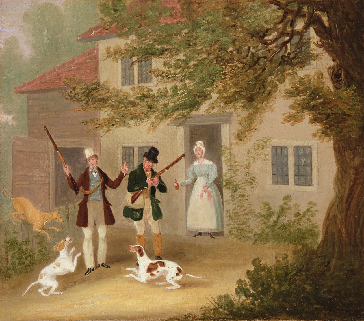 Dwaj sportowcy z pointerami wychodzący z chaty, ok. 1830 r. autorstwa James Pollard