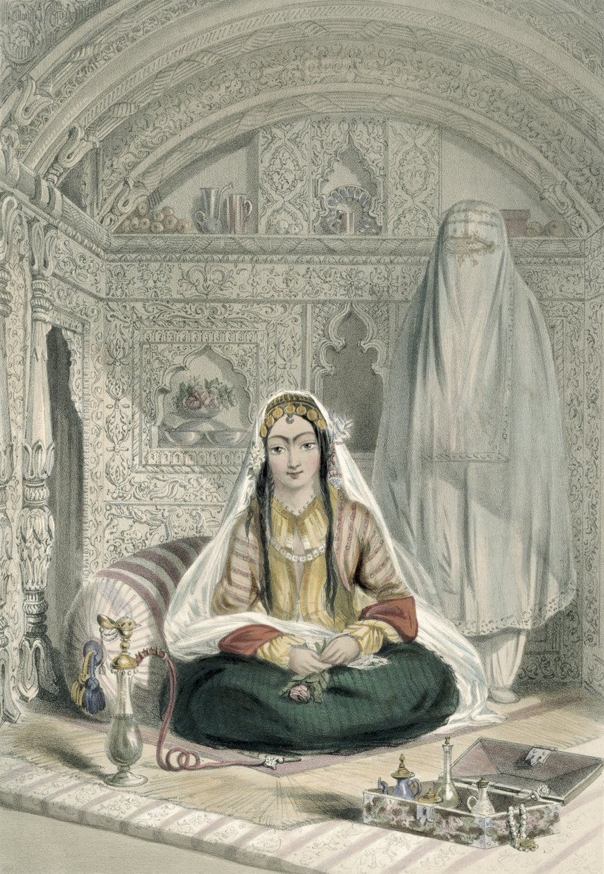Panie z Kaubulu w kostiumie In and Out-of-Door, tablica 24 z „Scenery, Inhabitants and Costumes of Afganistan”, grawerowana przez Walkera, 1848 autorstwa James Rattray