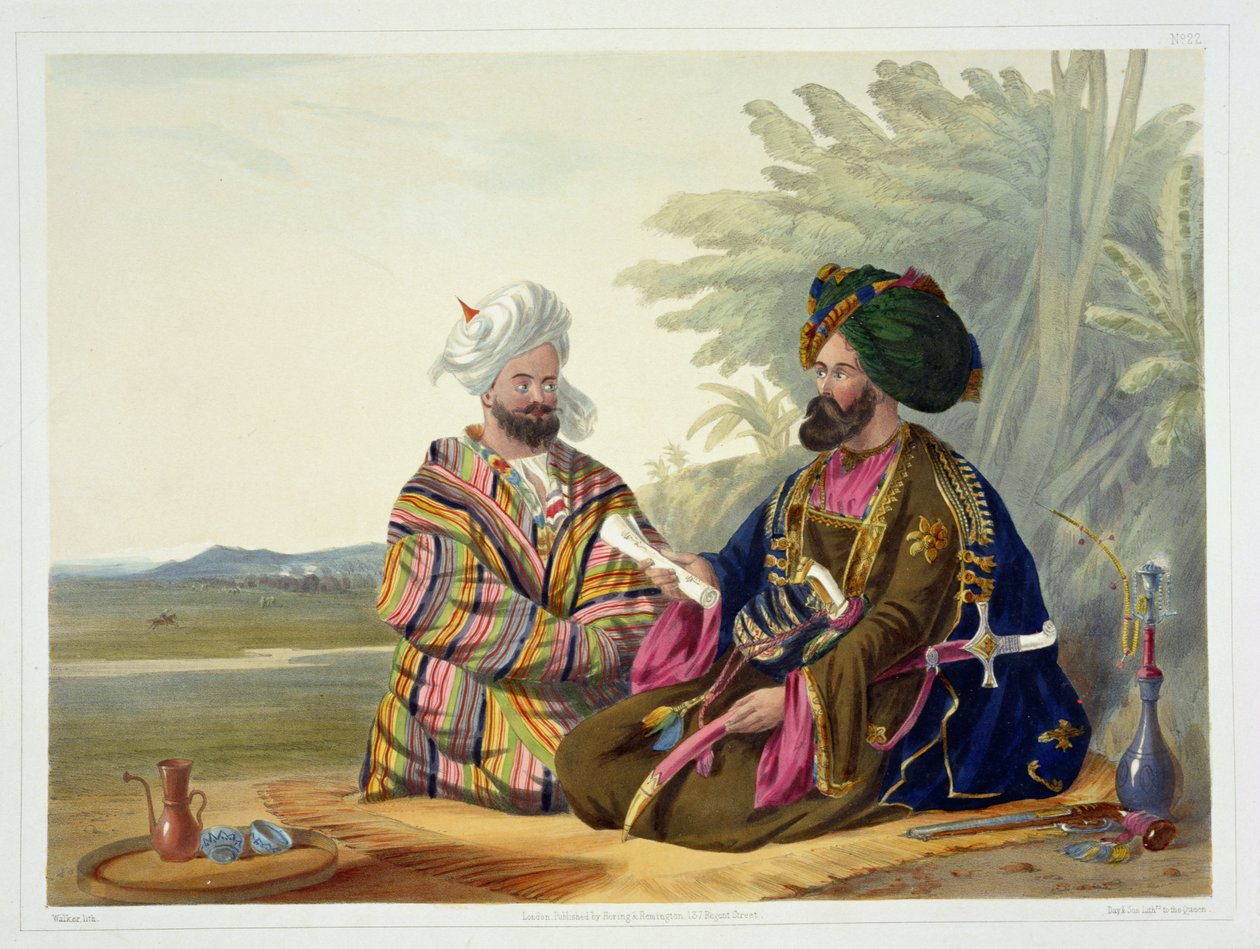 Meerz Fyze, Oosbeg Elchee, lub Ambasador, tablica 22 z "Scenery, Inhabitants and Costumes of Afghanistan", wyryte przez E. Walker, 1848 autorstwa James Rattray