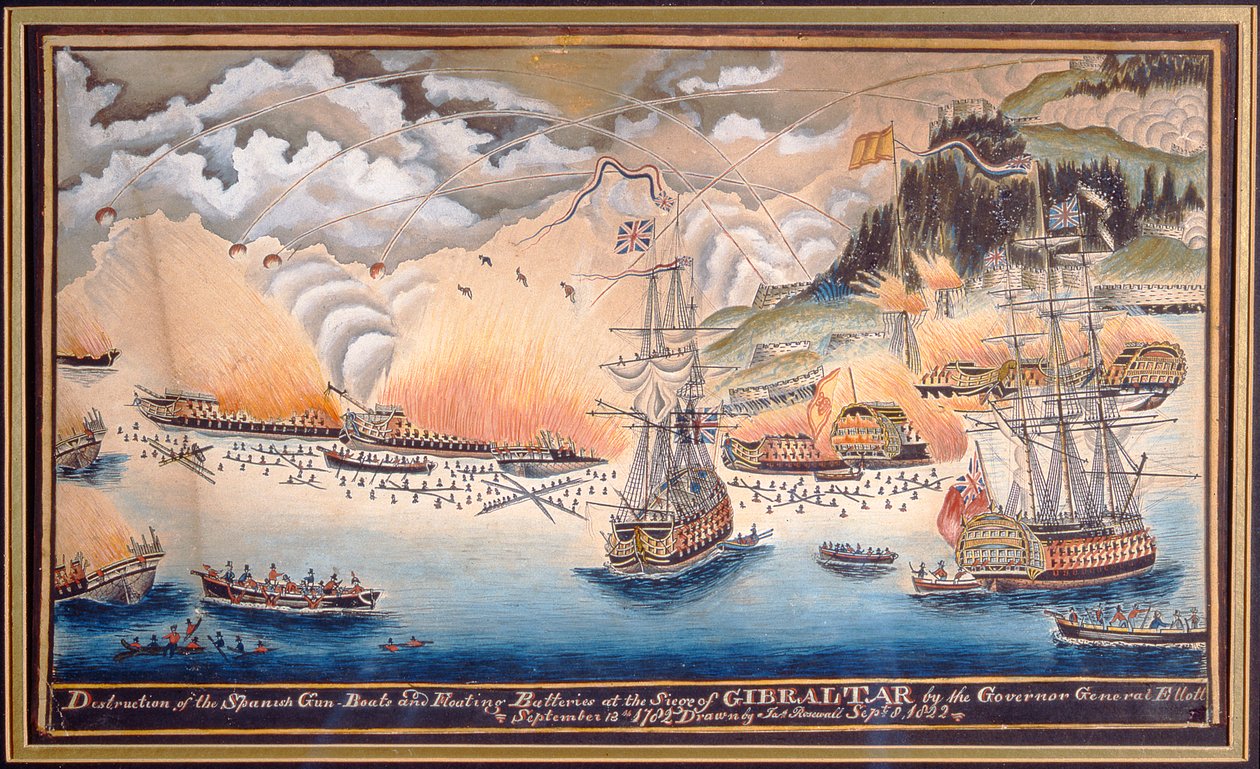 Zniszczenie hiszpańskich łodzi i baterii pływających podczas oblężenia Gibraltaru przez generała gubernatora Eliotta, 13 września 1782, 1822 (pióro i wc) autorstwa James Rosewall