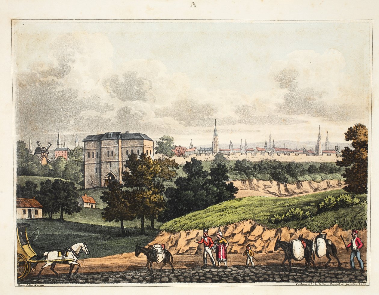 Miasto Bruksela, od wejścia do Foret de Soigne, z barierą, pub H. Colburn, 1816 autorstwa James Rouse