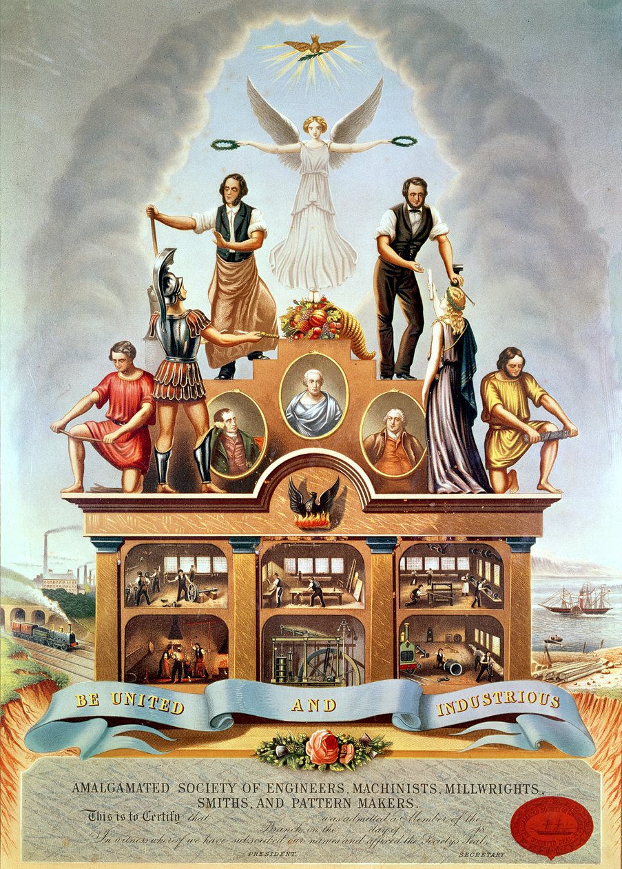 Godło handlowe Amalgamated Society of Engineers, Machinists, Millwrights, Smiths and Pattern Makers, grawerowane przez George