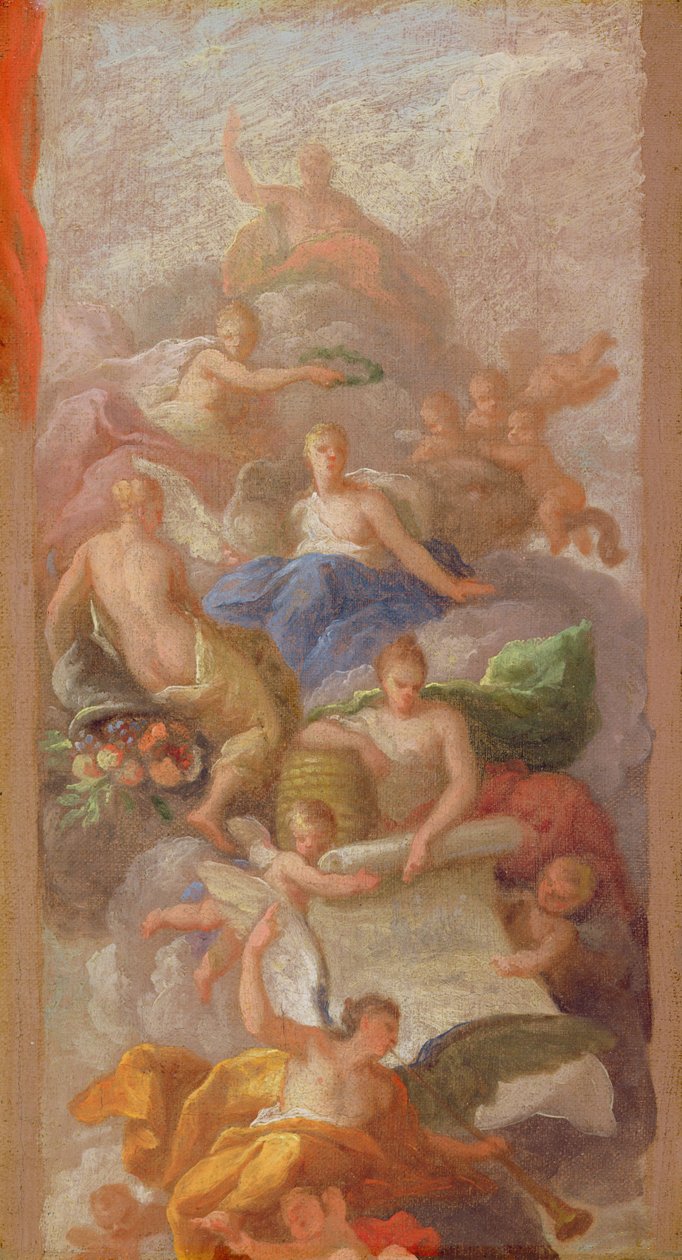 Szkic wdzięczności ukoronowanej pokojem, z innymi alegorycznymi postaciami przemysłu, sławy i obfitości, c.1712-13 autorstwa James Thornhill