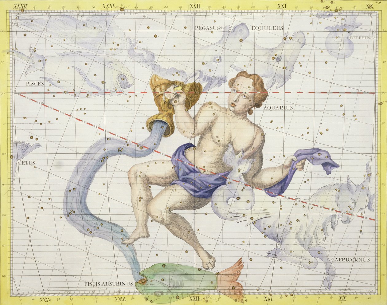 Konstelacja Wodnika, tablica 9 z Atlasu Coelestis, autorstwa Johna Flamsteeda (1646-1710), wydana w 1729 r. (rycina ręcznie kolorowana) autorstwa James Thornhill