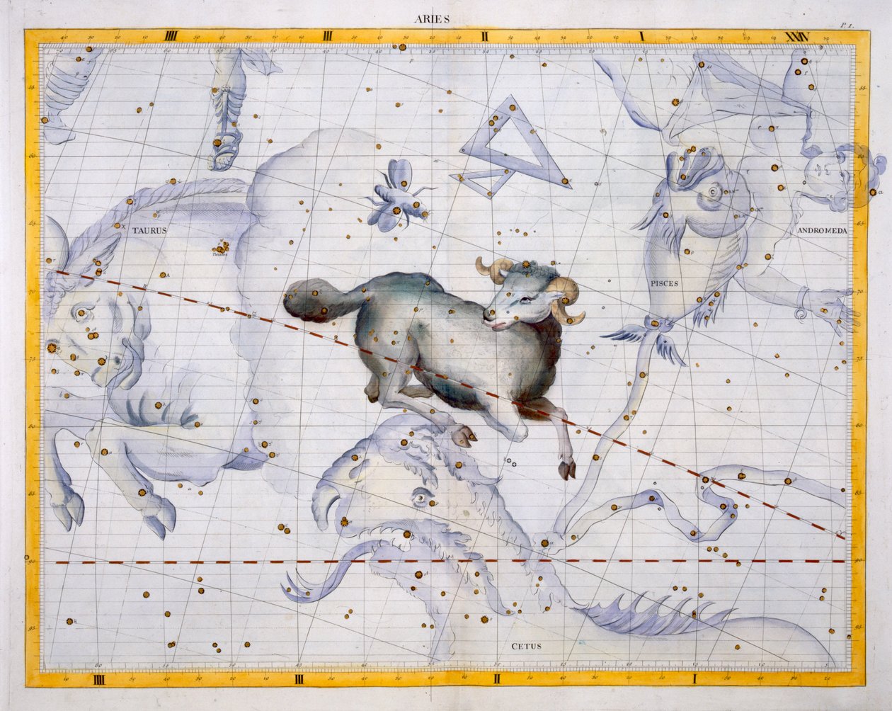 Konstelacja Barana, tablica 4 z Atlasu Coelestis, autorstwa Johna Flamsteeda (1646-1710), wydana w 1729 r. (rycina ręcznie kolorowana) autorstwa James Thornhill