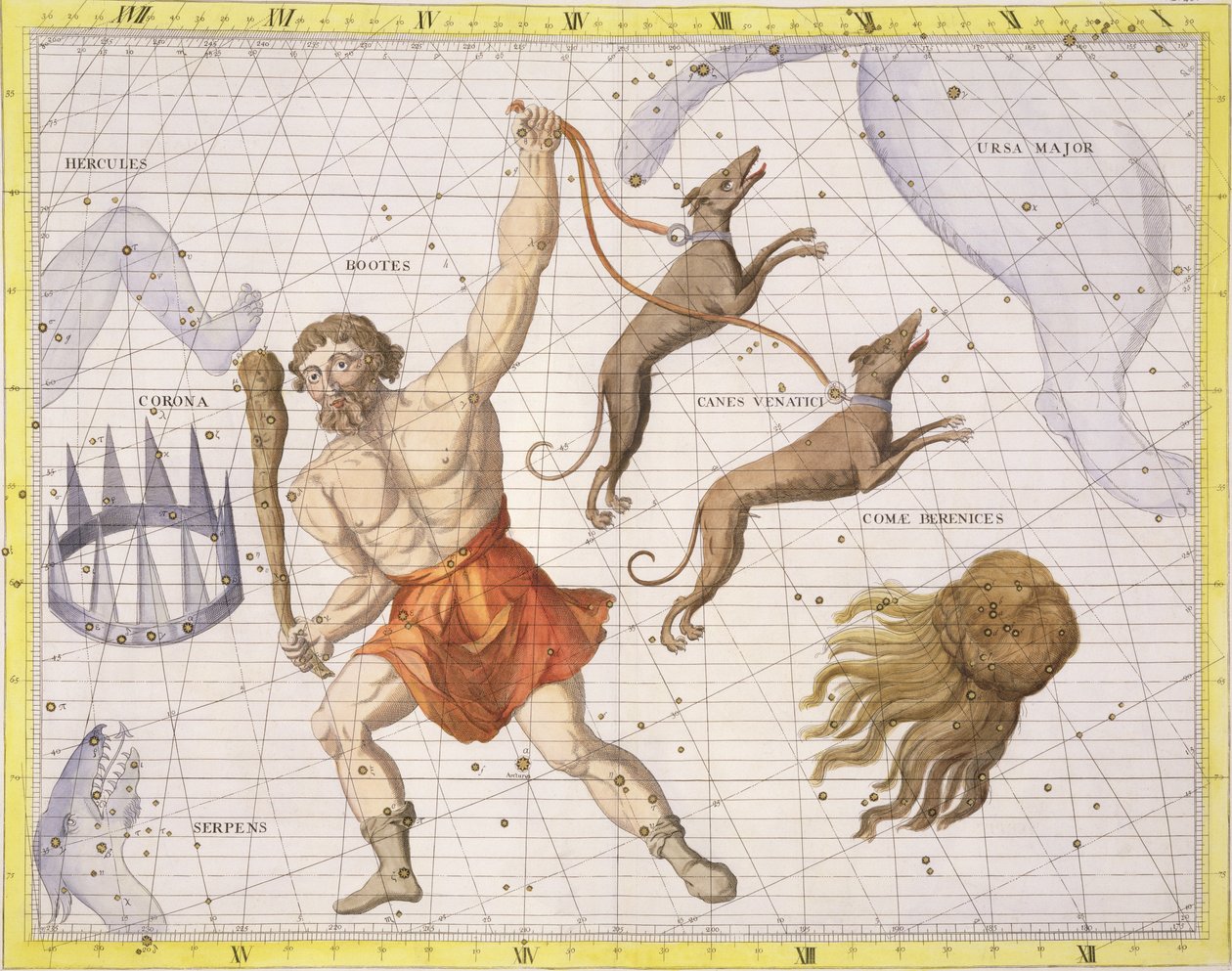 Constellation of Bootes, tablica 20 z Atlasu Coelestis, autorstwa Johna Flamsteeda (1646-1710), wydana w 1729 r. (rycina ręcznie kolorowana) autorstwa James Thornhill