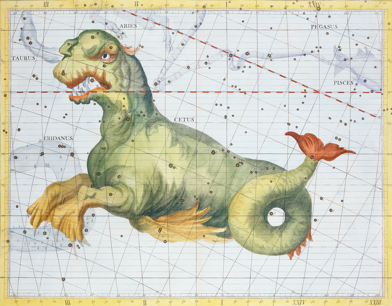 Gwiazdozbiór Wieloryba Cetus, z Atlasu Coelestis Johna Flamsteeda (1646-1719), wyd. w 1729 r. (ręcznie barwiony grawerunek) autorstwa James Thornhill