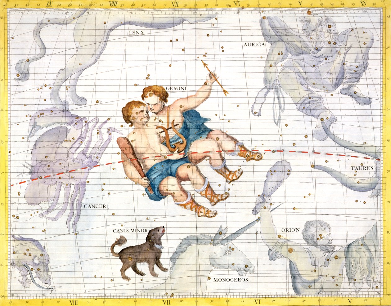 Konstelacja Bliźniąt z psem mniejszym, tablica 13 z Atlasu Coelestis, autorstwa Johna Flamsteeda (1646-1710), wydana w 1729 r. (rycina ręcznie kolorowana) autorstwa James Thornhill
