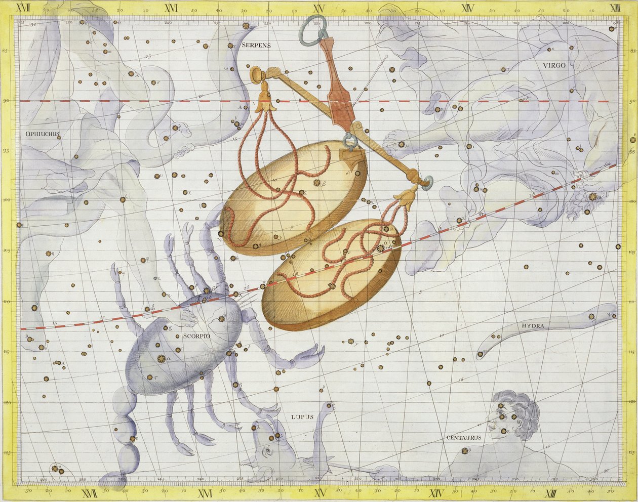 Konstelacja Wagi, tablica 7 z Atlasu Coelestis, autorstwa Johna Flamsteeda (1646-1710), wydana w 1729 r. (rycina ręcznie kolorowana) autorstwa James Thornhill