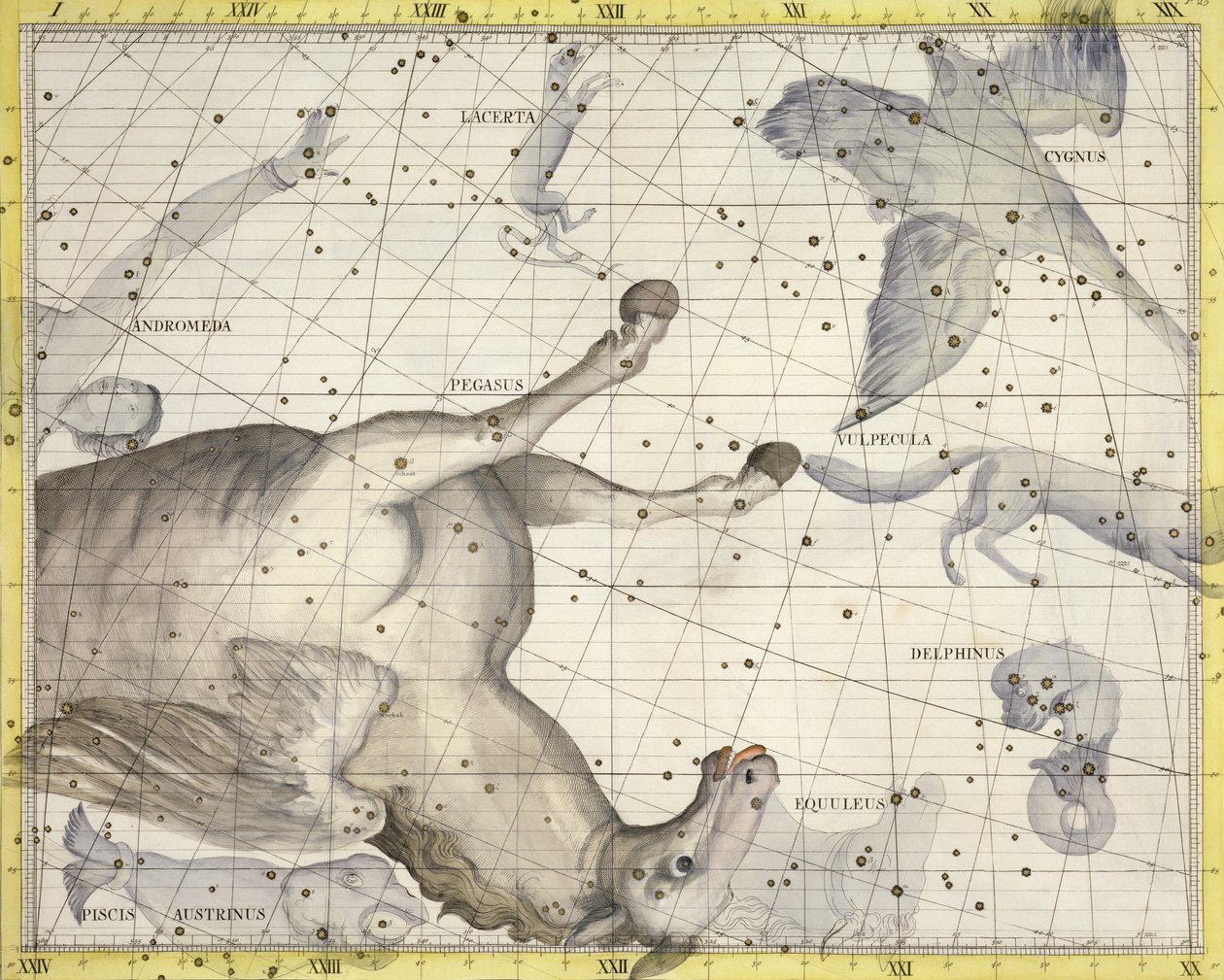 Konstelacja Pegaza, tablica 25 z "Atlas Coelestis", autorstwa Johna Flamsteeda (1646-1710), wydana w 1729 r. (rycina ręcznie kolorowana) autorstwa James Thornhill