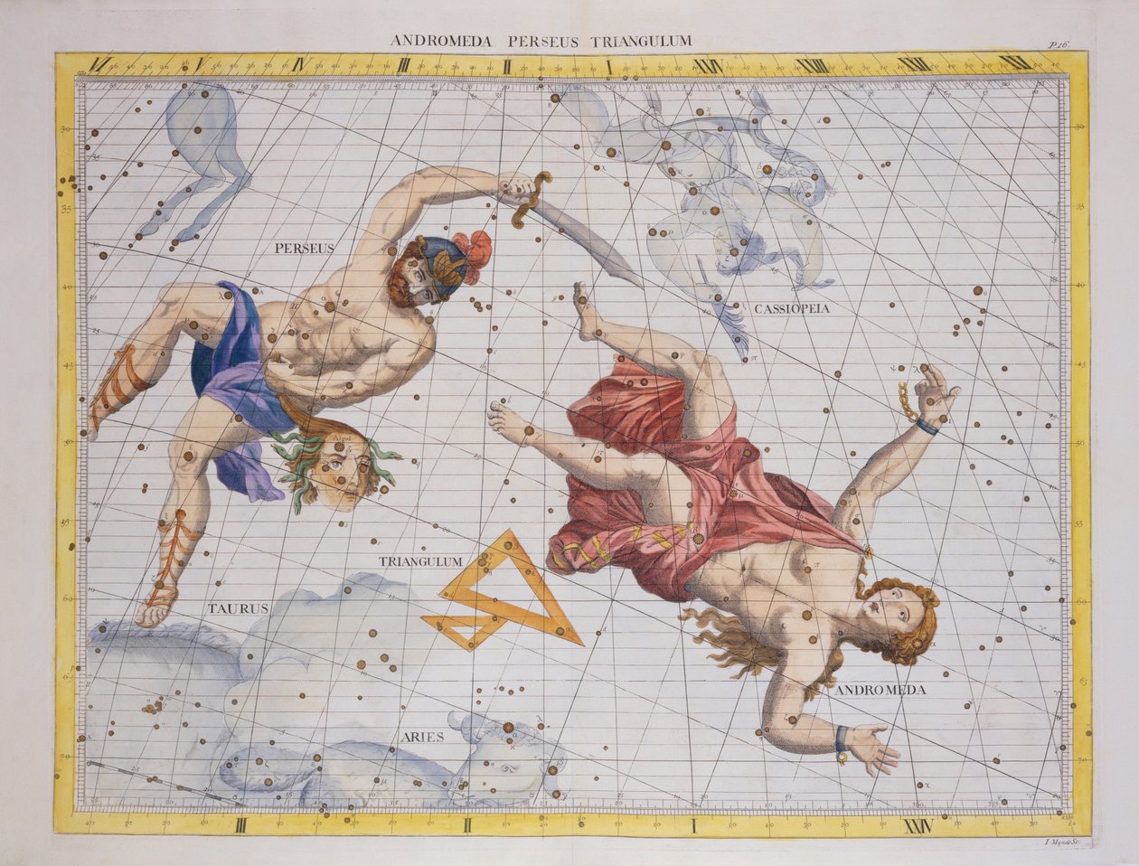 Konstelacja Perseusza i Andromedy, z „Atlas Coelestis”, John Flamsteed (1646-1719), wyd. w 1729 r. (ręcznie barwiony grawerunek) autorstwa James Thornhill