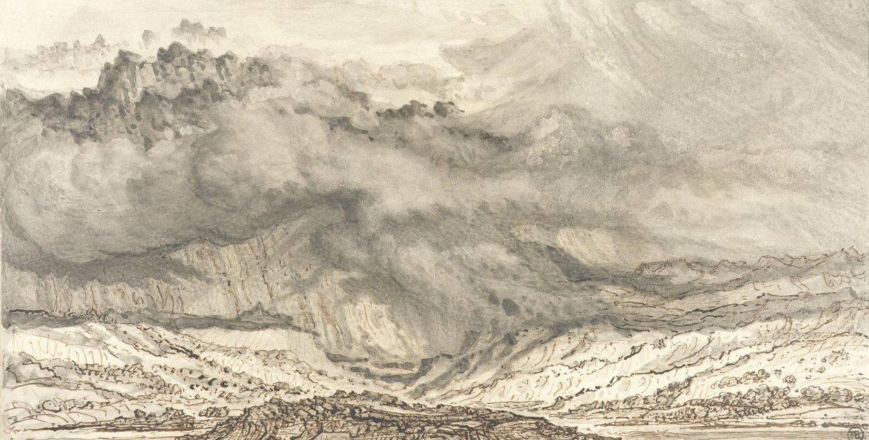 Snowdon, An Approaching Storm, 1853 (pióro i szare pranie na papierze) autorstwa James Ward
