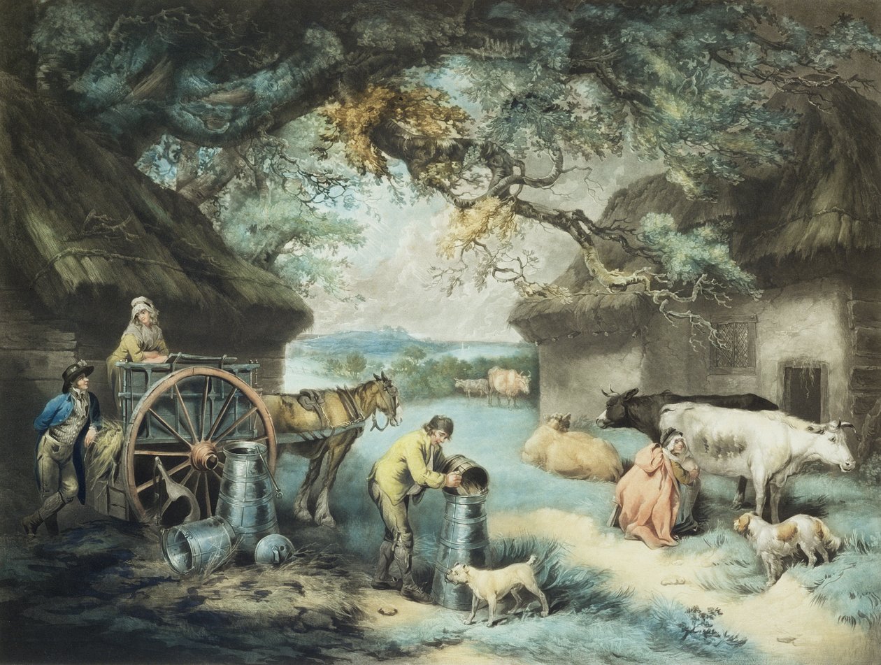 Grawerowane przez artystę gospodarstwo mleczarskie, wyd. R. Ackermann, 1801 (rycina mezzotinta) autorstwa James Ward