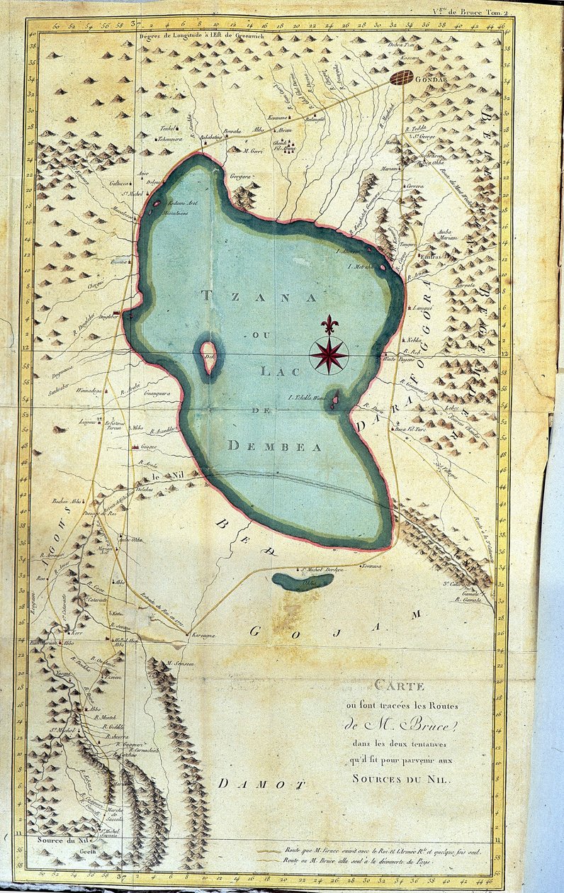 Mapa rejonu jeziora Tzana lub jeziora Dembea (drogi M. Bruce