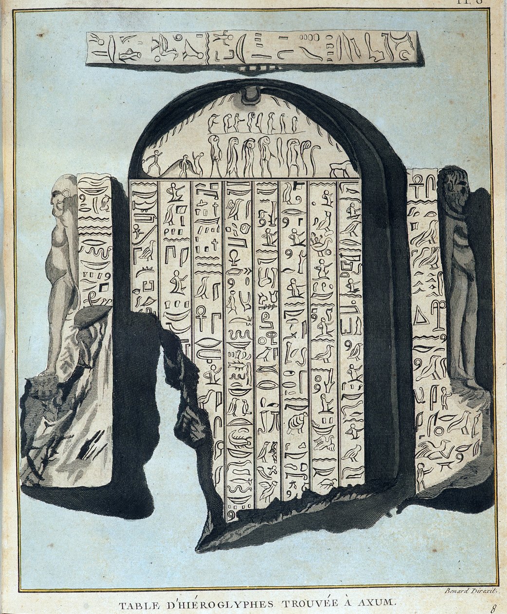 Tablica hieroglifów znaleziona w Aksoum (Aksoum) - w „Podróży po Nubii i Abisynii podjętej w celu odkrycia źródeł Nilu w latach 1768-1772”, James Bruce, t. 1, Paryż autorstwa James Bruce