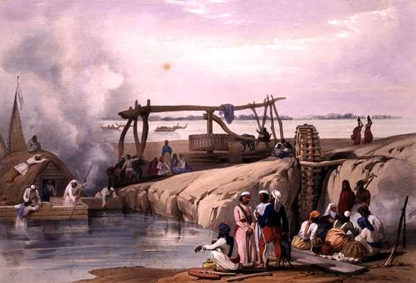 Scena nad rzeką Sutlej w Pendżabie ze „Szkiców w Afganistanie”, rytowana przez Charlesa Haghe (1810-88) i Louisa Haghe (1806-85) wydana przez Henry