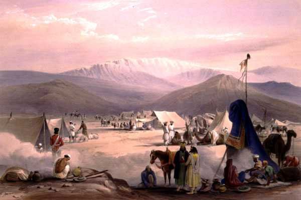 Obozowisko w Dadur, z wejściem do przełęczy Bolan, ze „Szkiców w Afganistanie”, rytowane przez Charlesa Haghe (1810-88) i Louisa Haghe (1806-85), wydane przez Henry