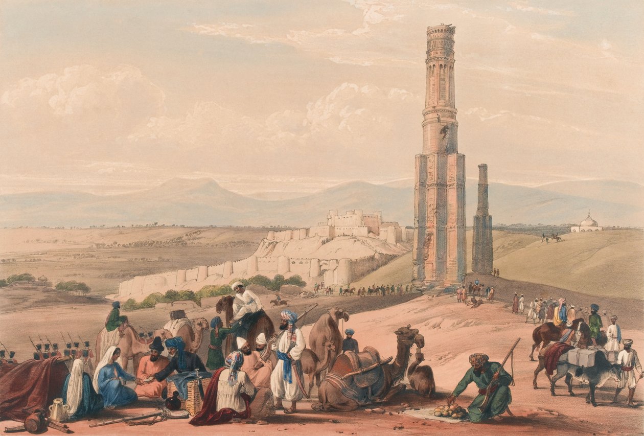 Twierdza i cytadela Ghuznee [sic] i dwa minary, ok. 1839 (litografia, przyciemniane) autorstwa James (after) Atkinson