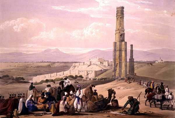 Twierdza i Cytadela Ghunzee i Dwa Minary, ze „Szkiców w Afganistanie”, rytowane przez Charlesa Haghe (1810-88) i Louisa Haghe (1806-85) wydane przez Henry