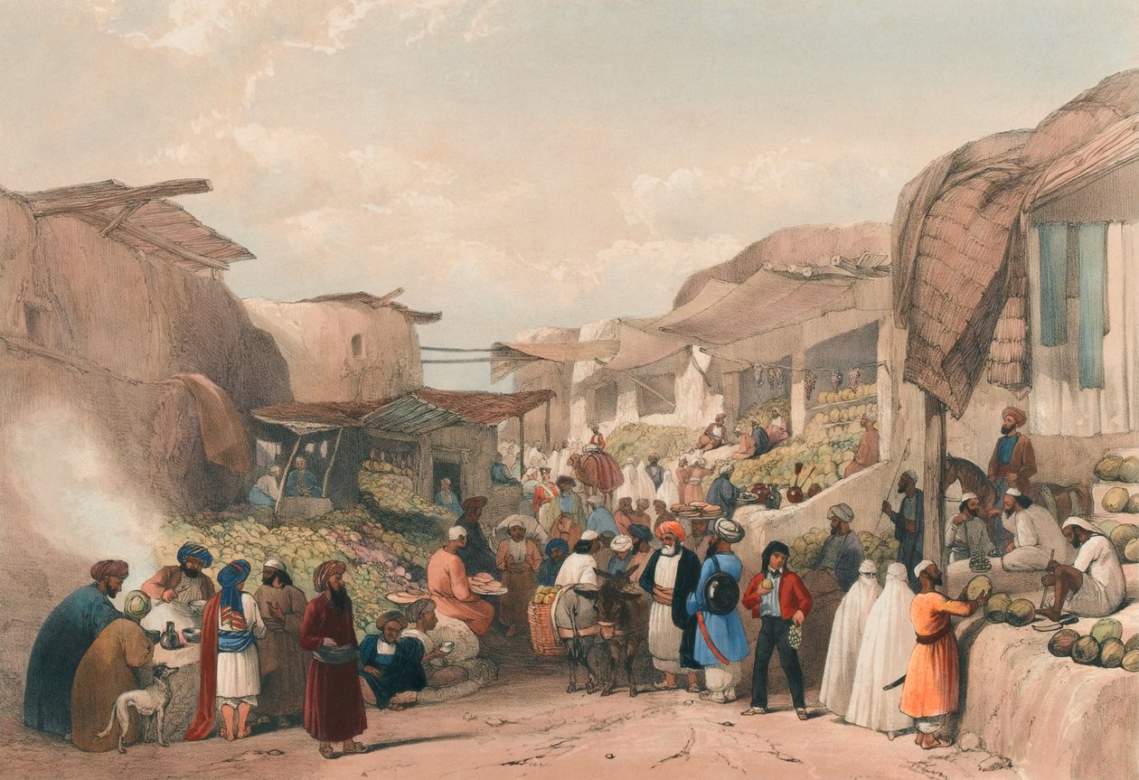 Główna ulica na bazarze w Caubul w sezonie owocowym, ok. 1839 (litografia, przyciemniana) autorstwa James (after) Atkinson