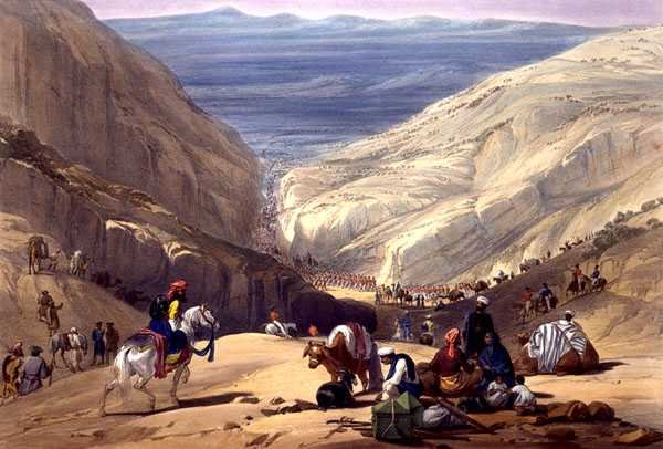 Drugie zejście przez przełęcz Koojah, ze „Szkiców w Afganistanie”, rytowane przez Charlesa Haghe (1810-88) i Louisa Haghe (1806-85), wydane przez Henry